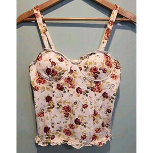 New Mudd Sleeveless Corset Crop Top Ivory Burgundy Floral Sz M Y2K Coquette